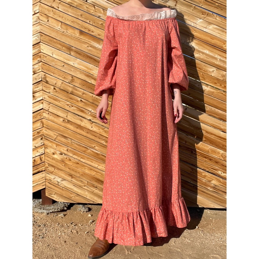 Vintage Handmade Terracotta Ruffle Floral Prairie Maxi Dress